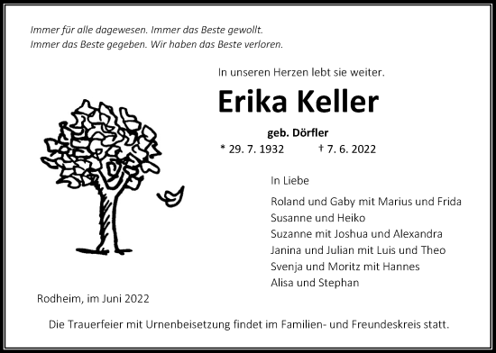 Traueranzeige von Erika Keller von Giessener Allgemeine, Giessener Anzeiger, Alsfelder Allgemeine