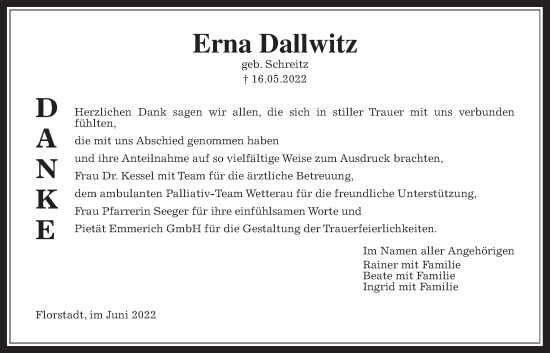 Traueranzeige von Erna Dallwitz von Wetterauer Zeitung