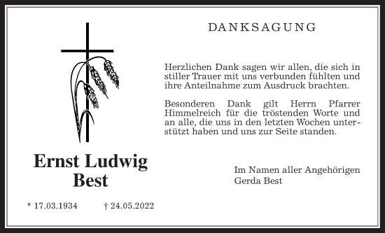 Traueranzeige von Ernst Ludwig Best von Wetterauer Zeitung
