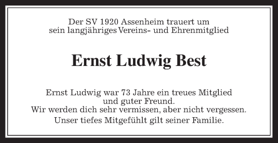 Traueranzeige von Ernst Ludwig Best von Wetterauer Zeitung