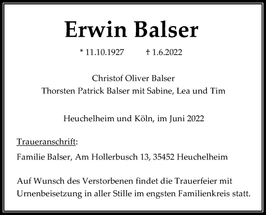 Traueranzeige von Erwin Balser von Giessener Allgemeine, Alsfelder Allgemeine, Giessener Anzeiger