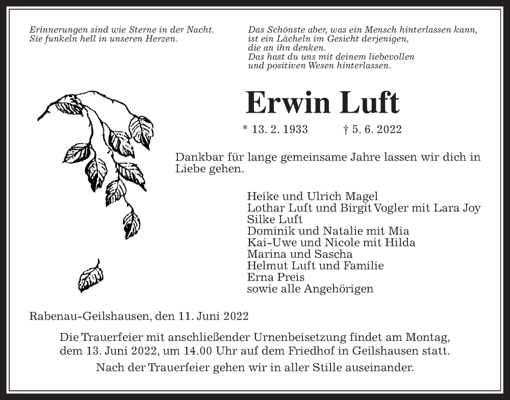  Traueranzeige für Erwin Luft vom 11.06.2022 aus Giessener Allgemeine, Alsfelder Allgemeine