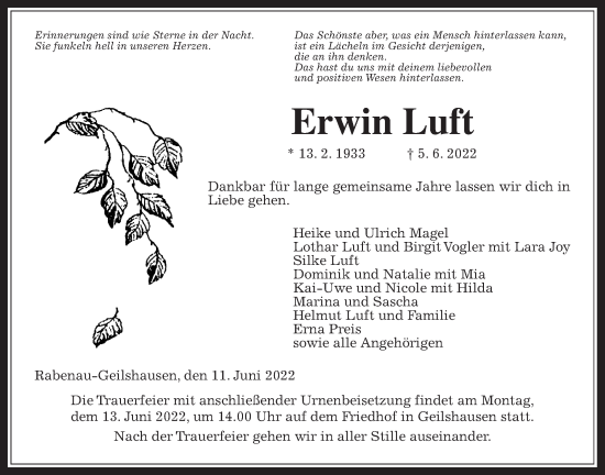 Traueranzeige von Erwin Luft von Giessener Allgemeine, Alsfelder Allgemeine