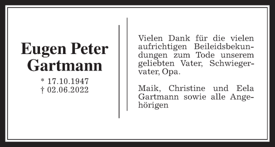 Traueranzeige von Eugen Peter Gartmann von Giessener Allgemeine, Alsfelder Allgemeine