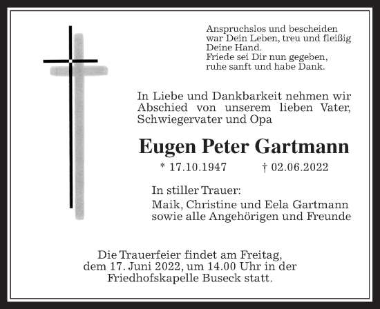 Traueranzeige von Eugen Peter Gartmann von Giessener Allgemeine, Alsfelder Allgemeine
