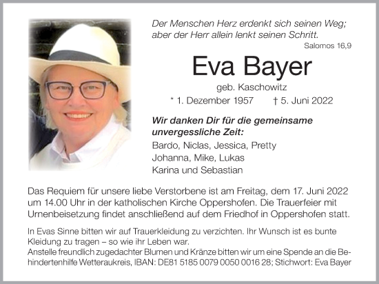 Traueranzeige von Eva Bayer von Wetterauer Zeitung