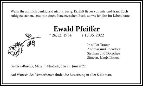 Traueranzeige von Ewald Pfeiffer von Giessener Anzeiger, Giessener Allgemeine, Alsfelder Allgemeine
