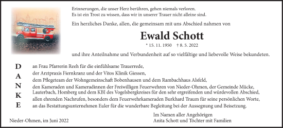 Traueranzeige von Ewald Schott von Alsfelder Allgemeine