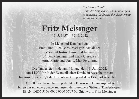 Traueranzeige von Fritz Meisinger von Wetterauer Zeitung