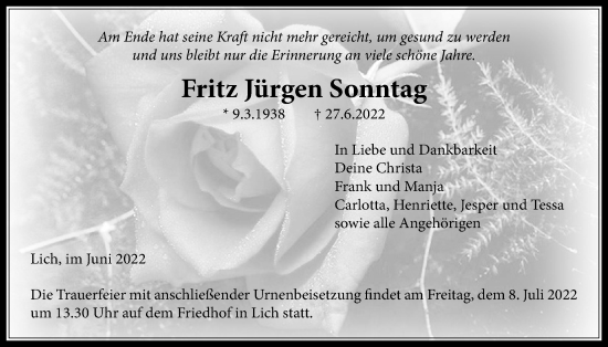 Traueranzeige von Fritz Jürgen Sonntag von Licher Wochenblatt