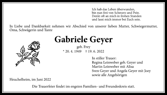 Traueranzeige von Gabriele Geyer von Giessener Allgemeine, Alsfelder Allgemeine