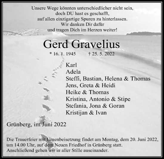 Traueranzeige von Gerd Gravelius von Giessener Allgemeine, Alsfelder Allgemeine