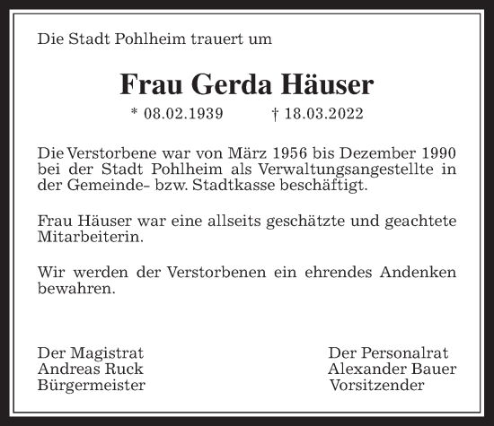 Traueranzeige von Gerda Häuser von Pohlheimer Nachrichten