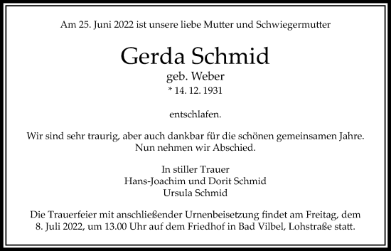 Traueranzeige von Gerda Schmid von Karbener Zeitung, Bad Vilbeler Anzeiger