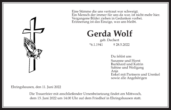 Traueranzeige von Gerda Wolf von Alsfelder Allgemeine