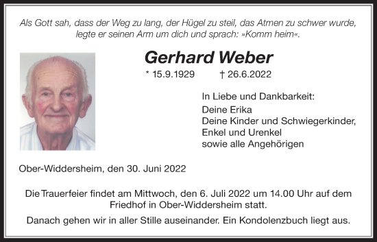 Traueranzeige von Gerhard Weber von Licher Wochenblatt
