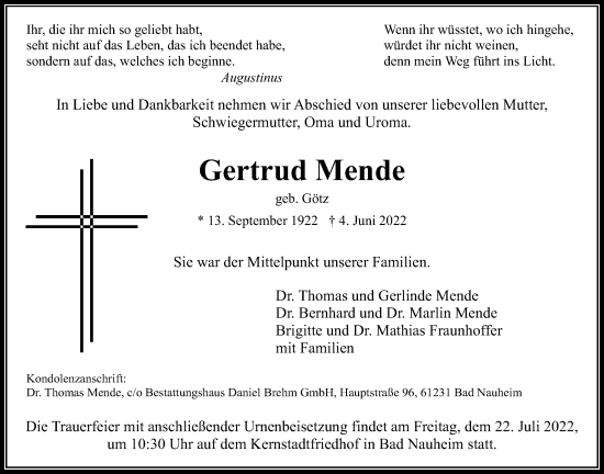 Traueranzeige von Gertrud Mende von Wetterauer Zeitung