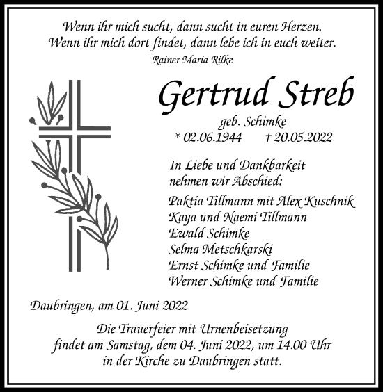 Traueranzeige von Gertrud Streb von Giessener Allgemeine, Alsfelder Allgemeine