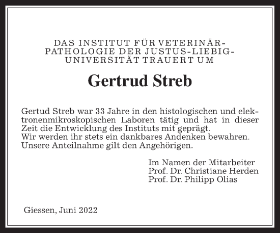 Traueranzeige von Gertrud Streb von Wetterauer Zeitung, Giessener Allgemeine, Alsfelder Allgemeine
