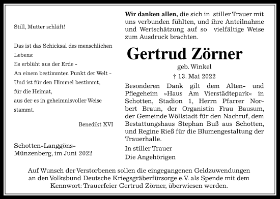 Traueranzeige von Gertrud Zörner von Wetterauer Zeitung