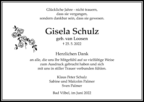 Traueranzeige von Gisela Schulz von Bad Vilbel/Karben