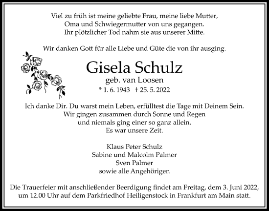 Traueranzeige von Gisela Schulz von Bad Vilbel/Karben