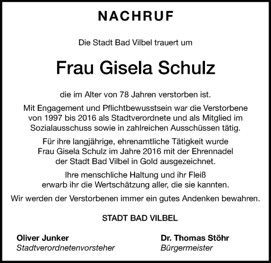 Traueranzeige von Gisela Schulz von Bad Vilbel/Karben