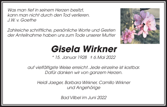 Traueranzeige von Gisela Wirkner von Bad Vilbel/Karben