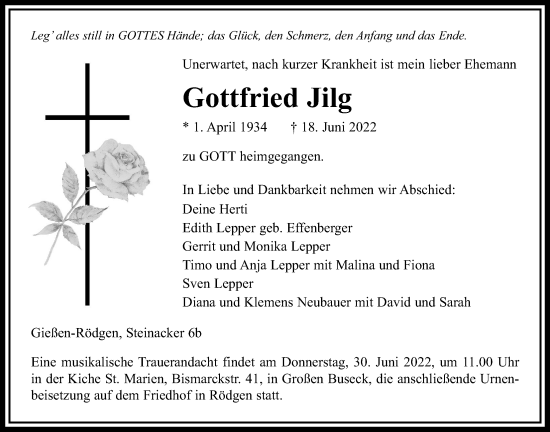 Traueranzeige von Gottfried Jilg von Giessener Anzeiger, Giessener Allgemeine, Alsfelder Allgemeine