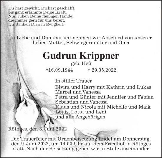 Traueranzeige von Gudrun Krippner von Giessener Allgemeine, Alsfelder Allgemeine, Laubacher Anzeiger