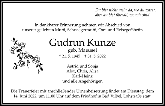 Traueranzeige von Gudrun Kunze von Bad Vilbel/Karben