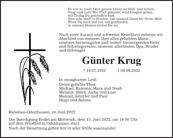 Traueranzeige von Günter Krug von Giessener Anzeiger