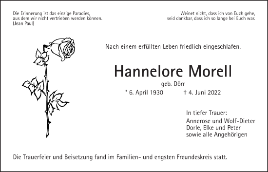 Traueranzeige von Hannelore Morell von Wetterauer Zeitung