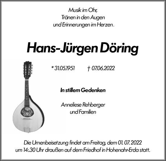 Traueranzeige von Hans-Jürgen Döring von Giessener Allgemeine, Alsfelder Allgemeine