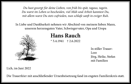 Traueranzeige von Hans Rauch von Licher Wochenblatt