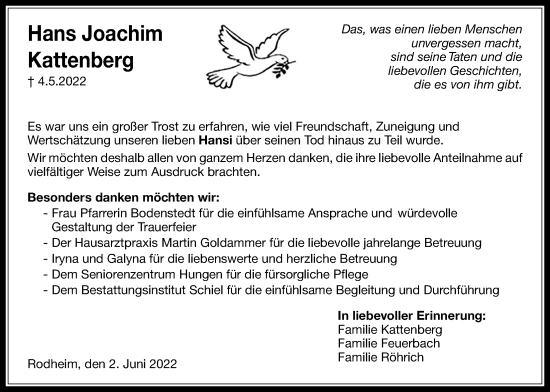 Traueranzeige von Hans Joachim Kattenberg von Licher Wochenblatt