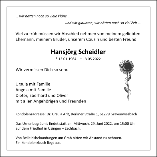 Traueranzeige von Hansjörg Scheidler von Usinger Anzeiger, 