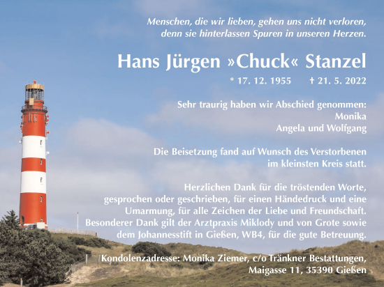 Traueranzeige von Hans Jürgen Stanzel von Giessener Anzeiger, Giessener Allgemeine, Alsfelder Allgemeine
