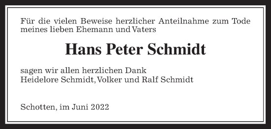 Traueranzeige von Hans Peter Schmidt von Kreis-Anzeiger