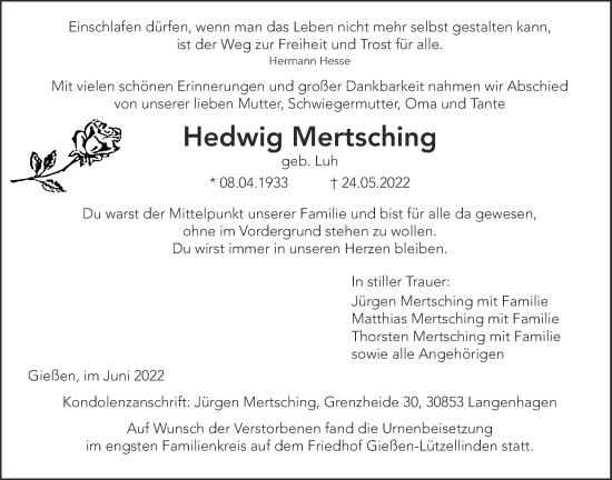 Traueranzeige von Hedwig Mertsching von Giessener Allgemeine, Alsfelder Allgemeine, Giessener Anzeiger