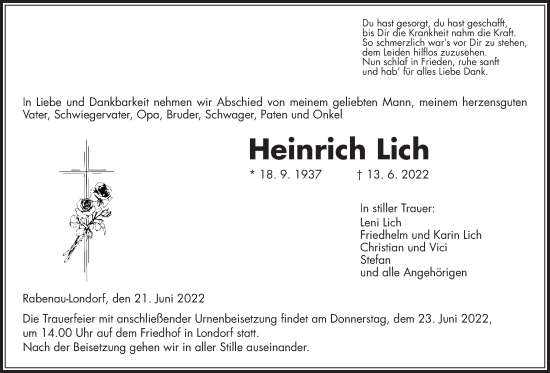 Traueranzeige von Heinrich Lich von Giessener Allgemeine, Alsfelder Allgemeine
