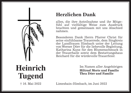 Traueranzeige von Heinrich Tugend von Kreis-Anzeiger
