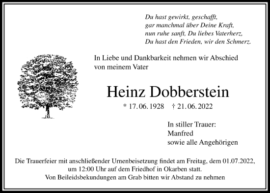 Traueranzeige von Heinz Dobberstein von Wetterauer Zeitung