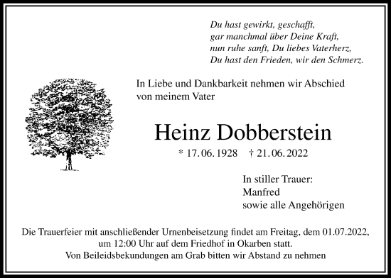 Traueranzeige von Heinz Dobberstein von Karbener Zeitung, Bad Vilbeler Anzeiger