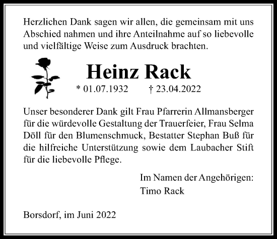 Traueranzeige von Heinz Rack von Kreis-Anzeiger