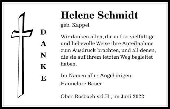 Traueranzeige von Helene Schmidt von Wetterauer Zeitung