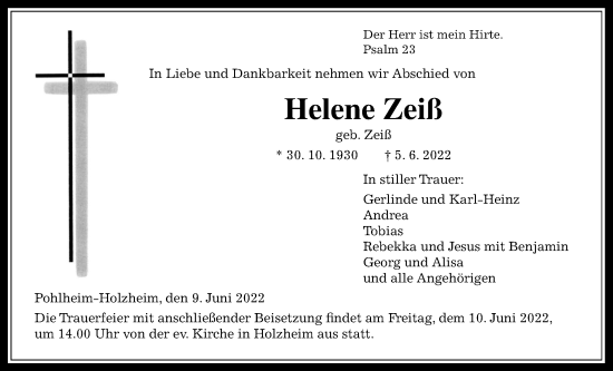 Traueranzeige von Helene Zeiß von Giessener Allgemeine, Alsfelder Allgemeine