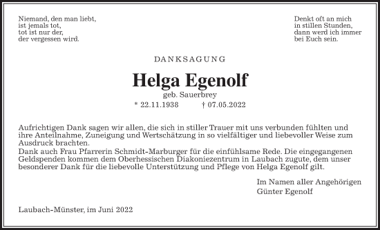 Traueranzeige von Helga Egenolf von Laubacher Anzeiger