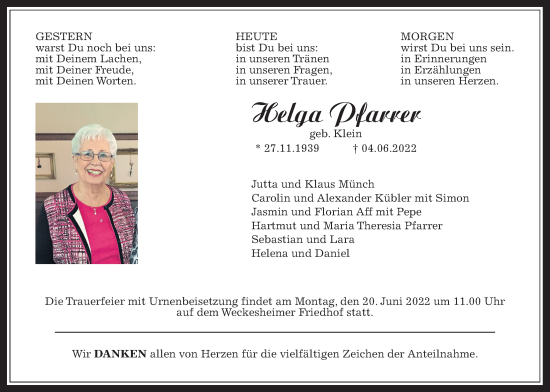 Traueranzeige von Helga Pfarrer von Wetterauer Zeitung