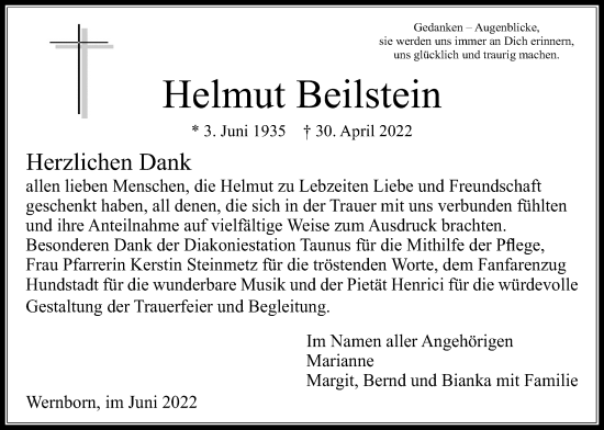 Traueranzeige von Helmut Beilstein von Usinger Anzeiger